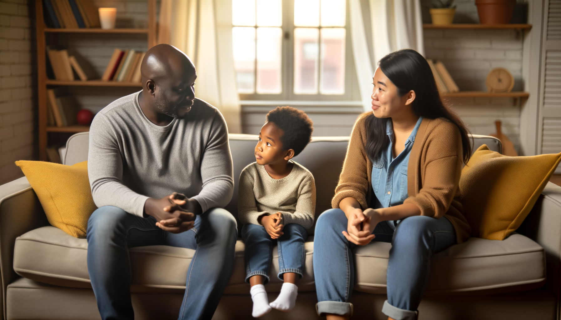 Parents having a gentle conversation with their young child in a comfortable living room setting