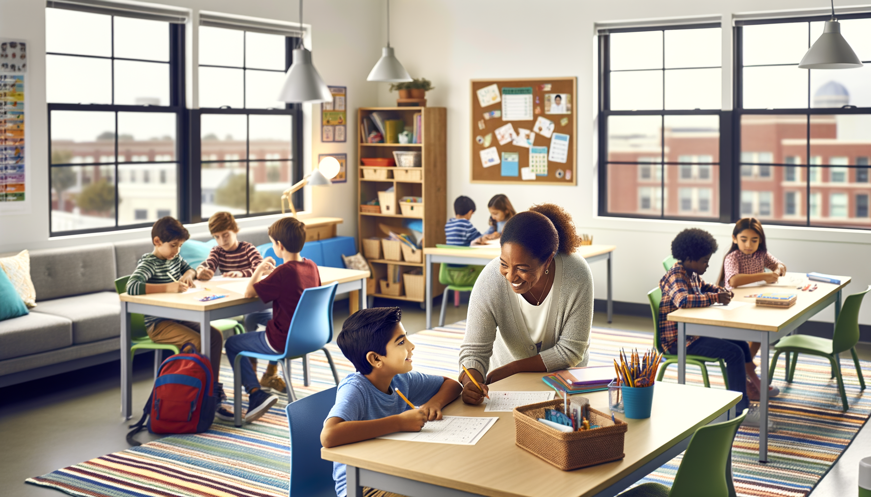 Children participating in various after-school program activities with adult supervisor in bright, organized classroom setting