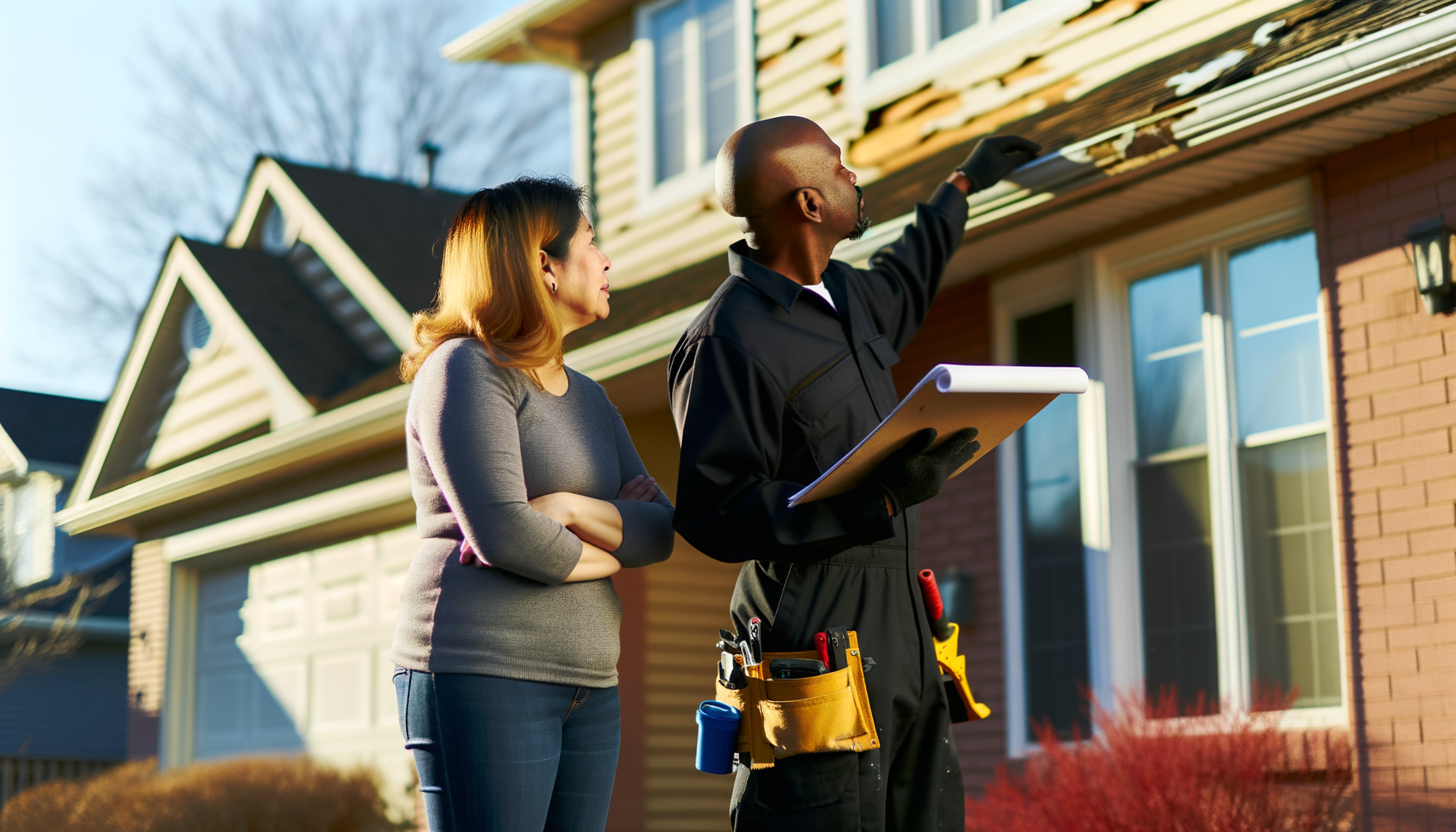 Homeowners consulting with contractor about exterior home repairs while reviewing preparation documents