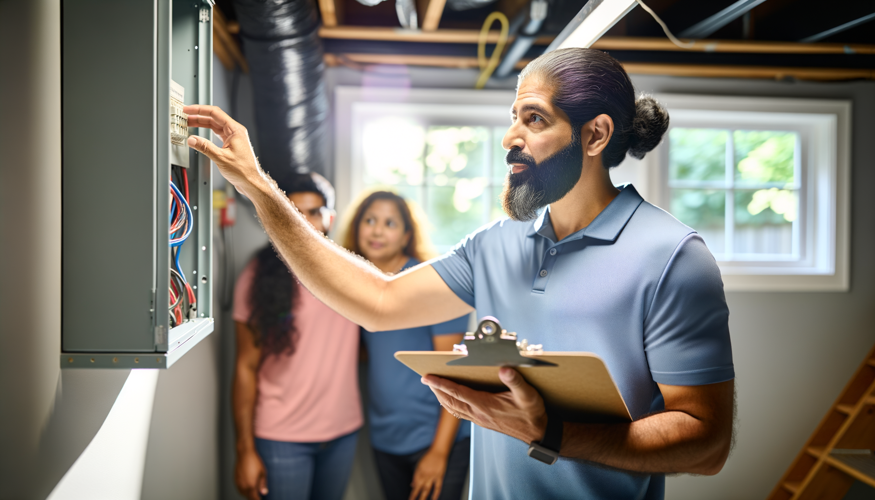 Home inspector examining electrical panel while homeowners observe during professional home inspection