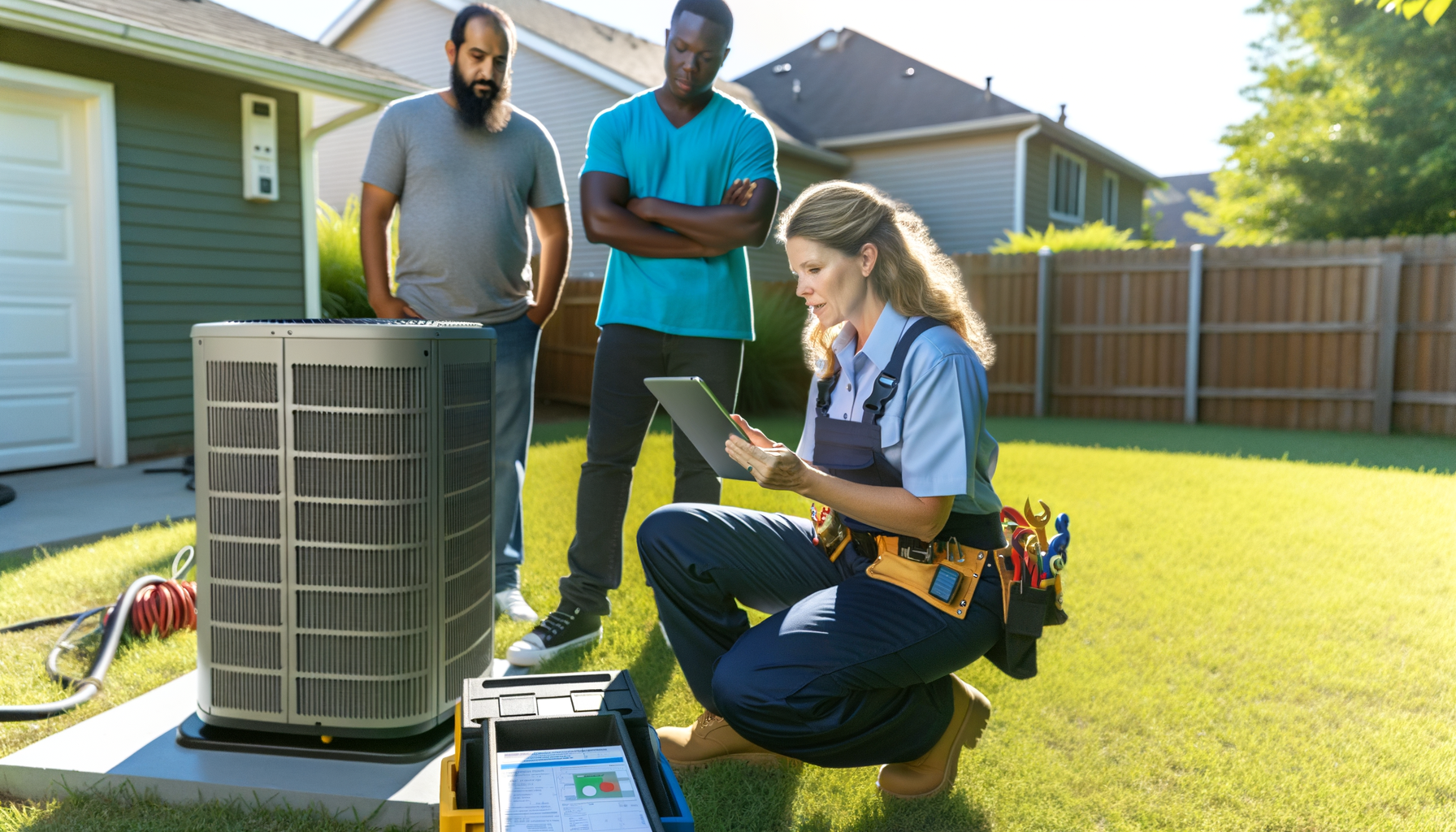 HVAC technician servicing outdoor air conditioning unit while explaining process to homeowners