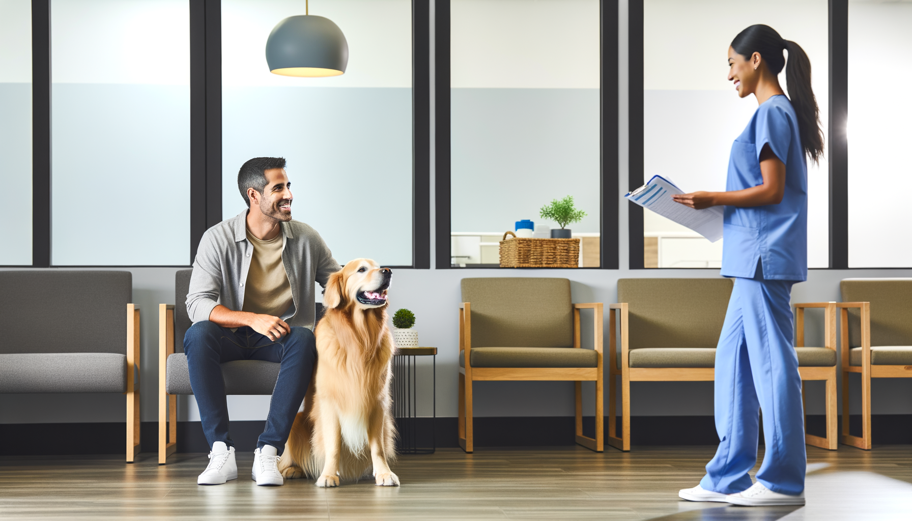 Pet owner with organized medical records waiting calmly with golden retriever in veterinary specialist office