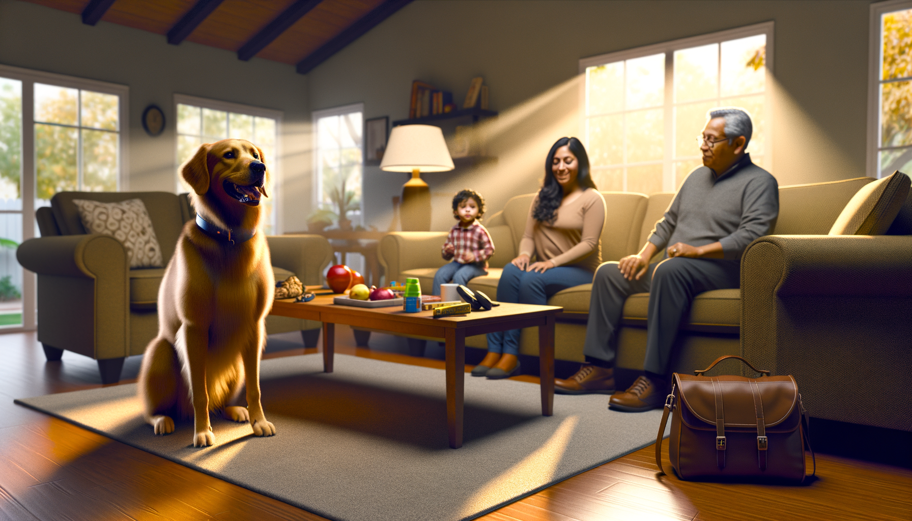 Family preparing their golden retriever for training with supplies and positive interaction