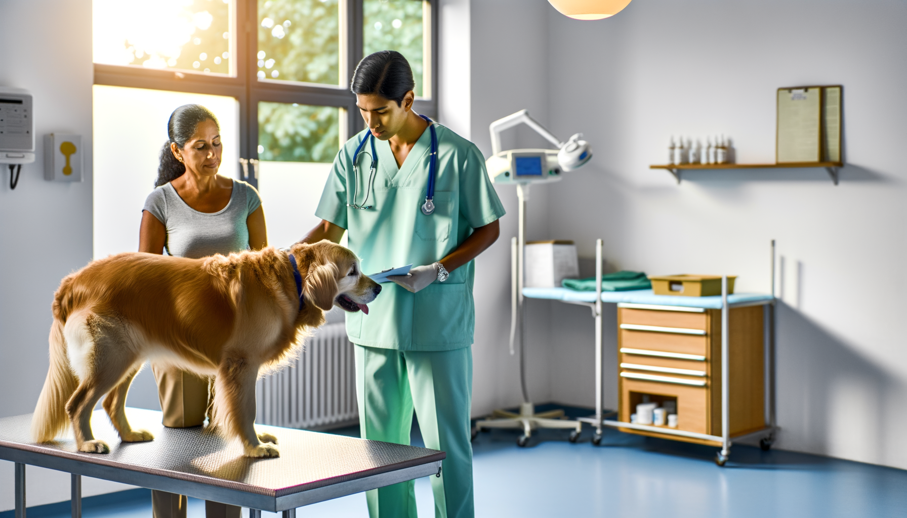 Veterinarian examining a calm golden retriever while owner holds medical documents in a bright veterinary office