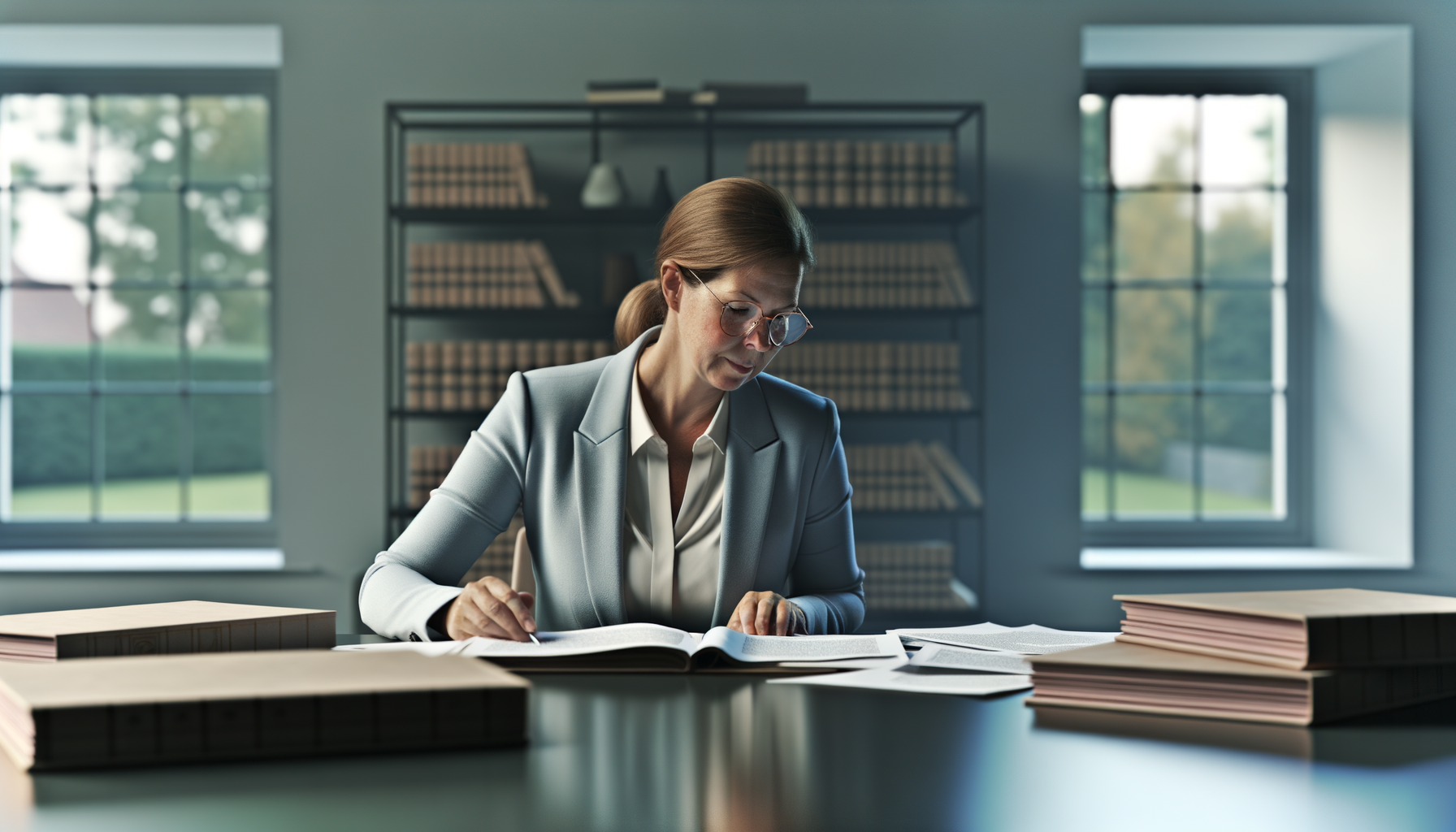 Professional woman reviewing legal documents and case outcomes at desk