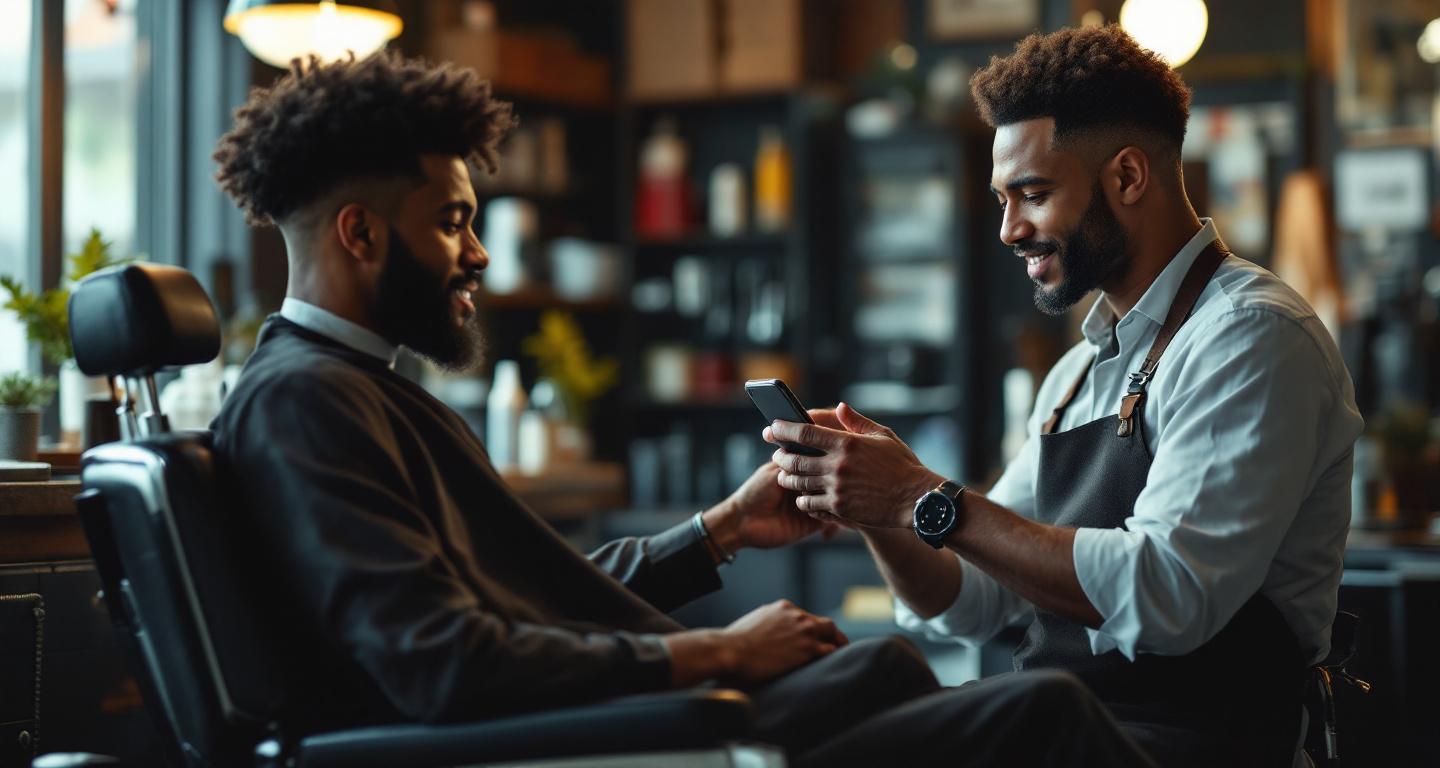 Client showing reference photo to barber during consultation in professional barbershop