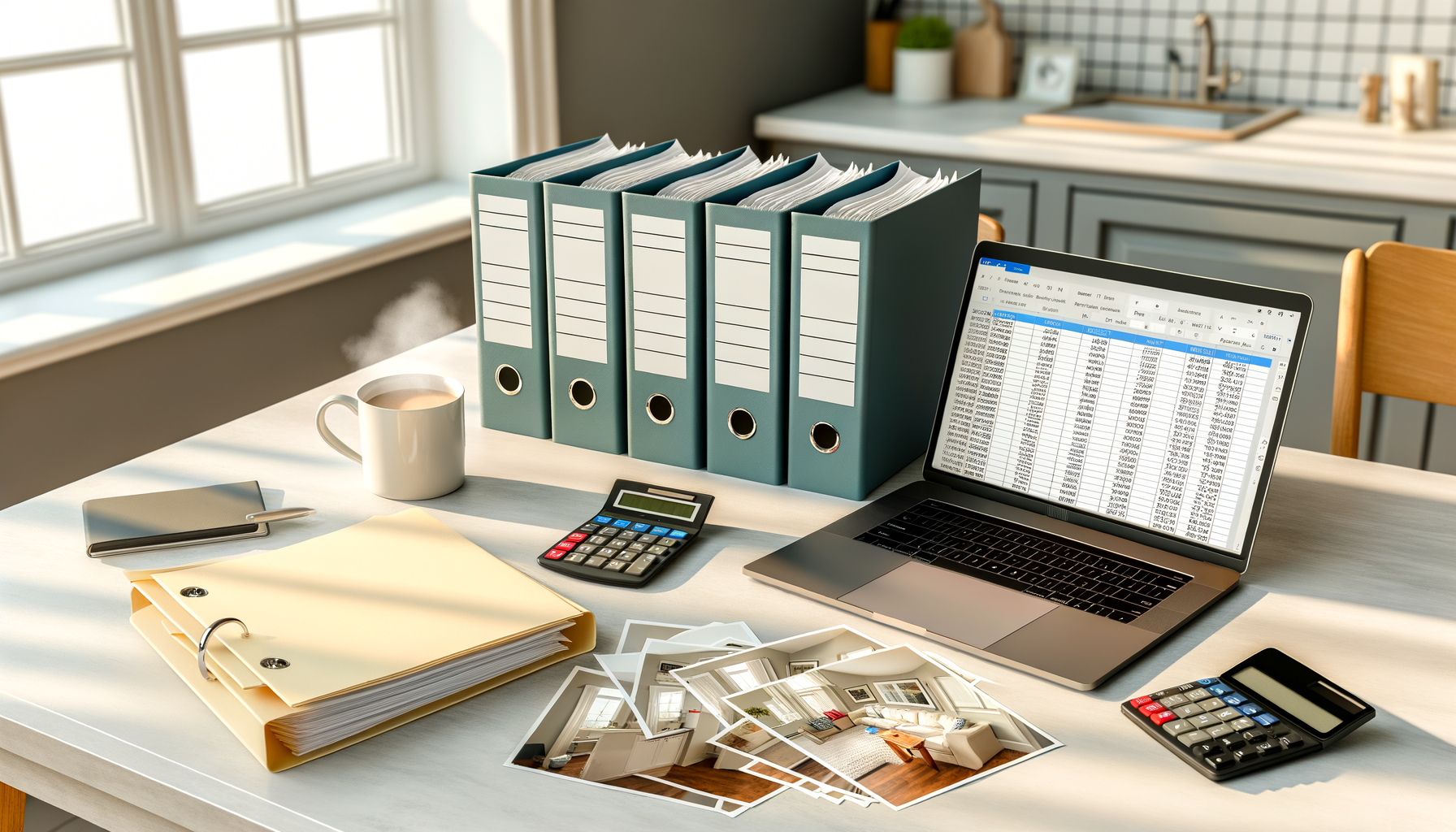 Organized home office desk with laptop, folders, receipts, and home improvement photos for tracking renovation history