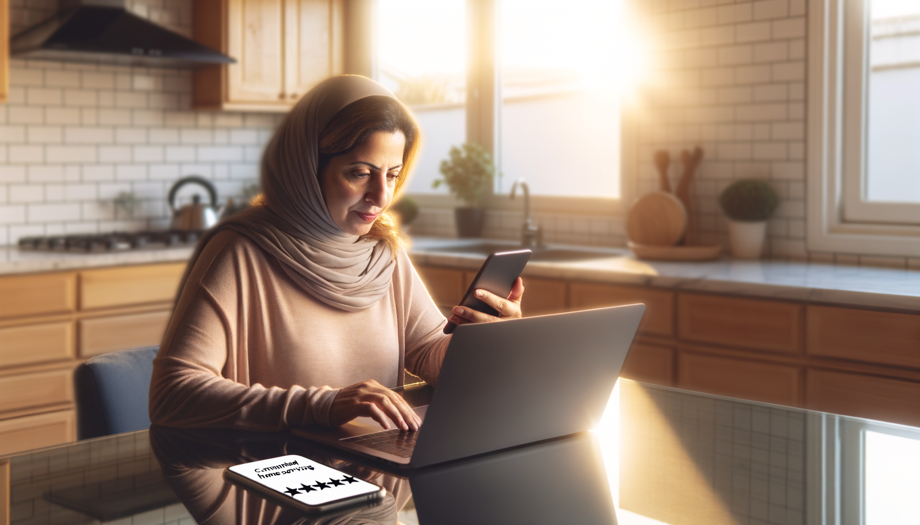Woman writing an online review after receiving a home service