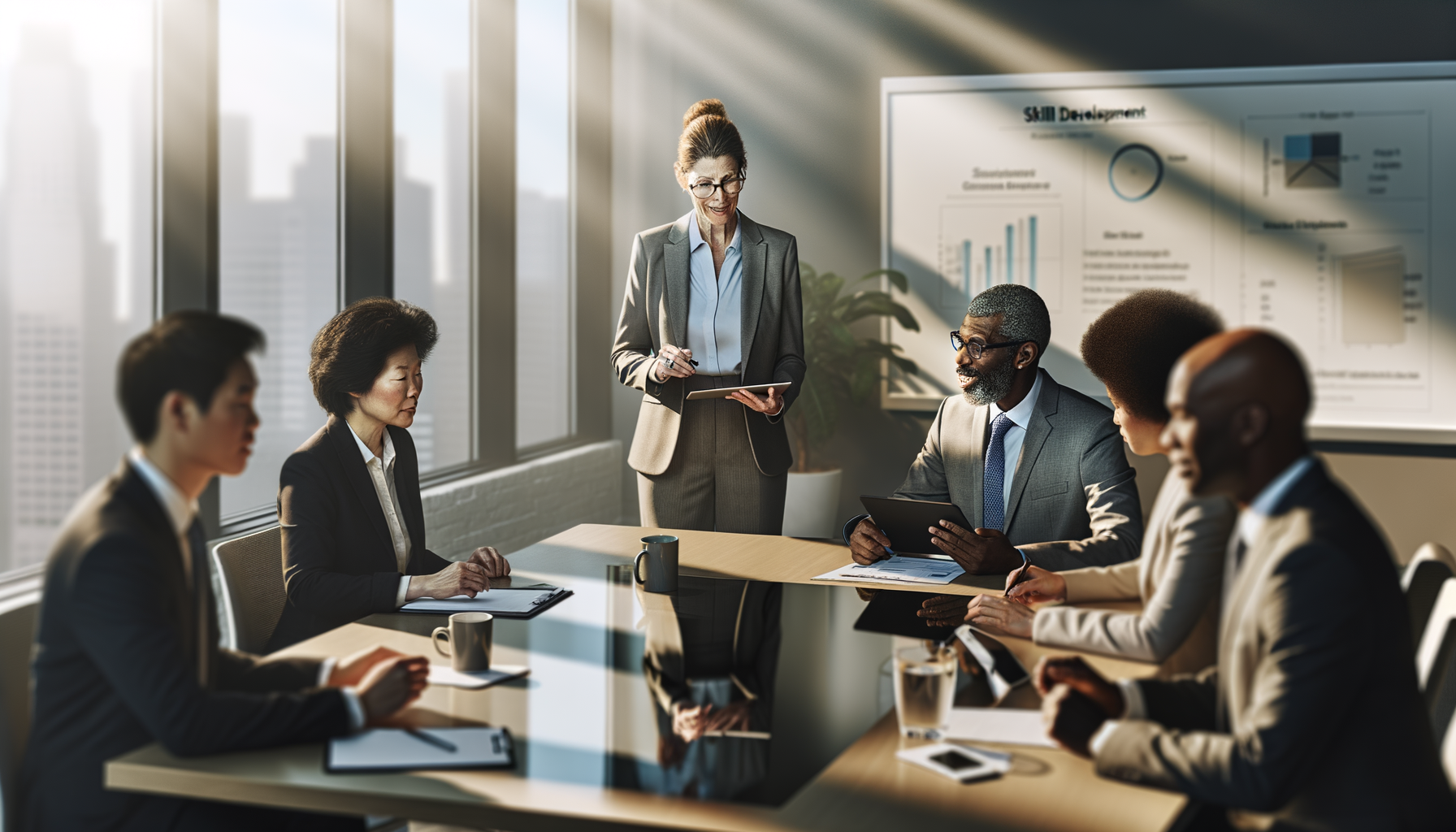 Diverse professionals of different ages collaborating in a modern training session around a conference table