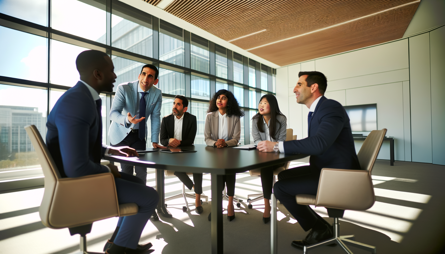 Professionals engaged in trusted conversation around conference table