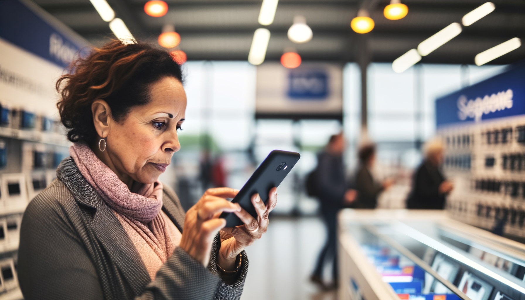 Woman reading product reviews on smartphone while shopping, demonstrating trust cue evaluation
