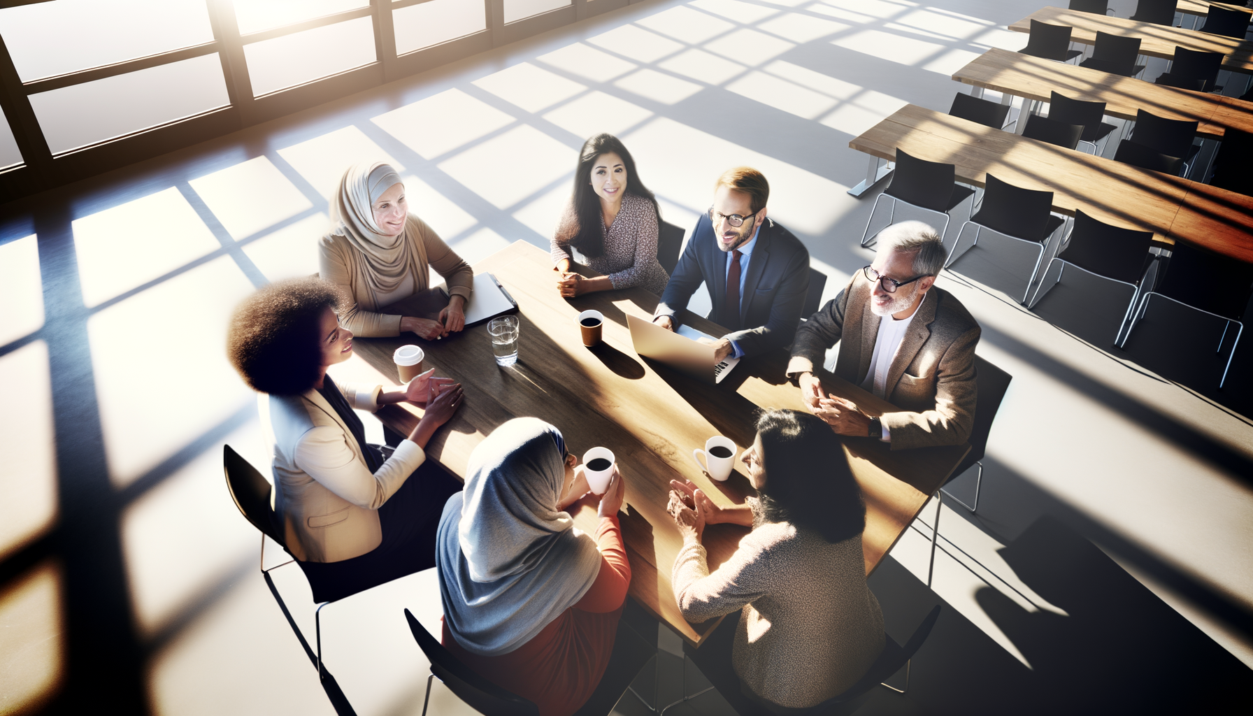 Diverse professionals sharing information and building trust through networking in a modern office environment