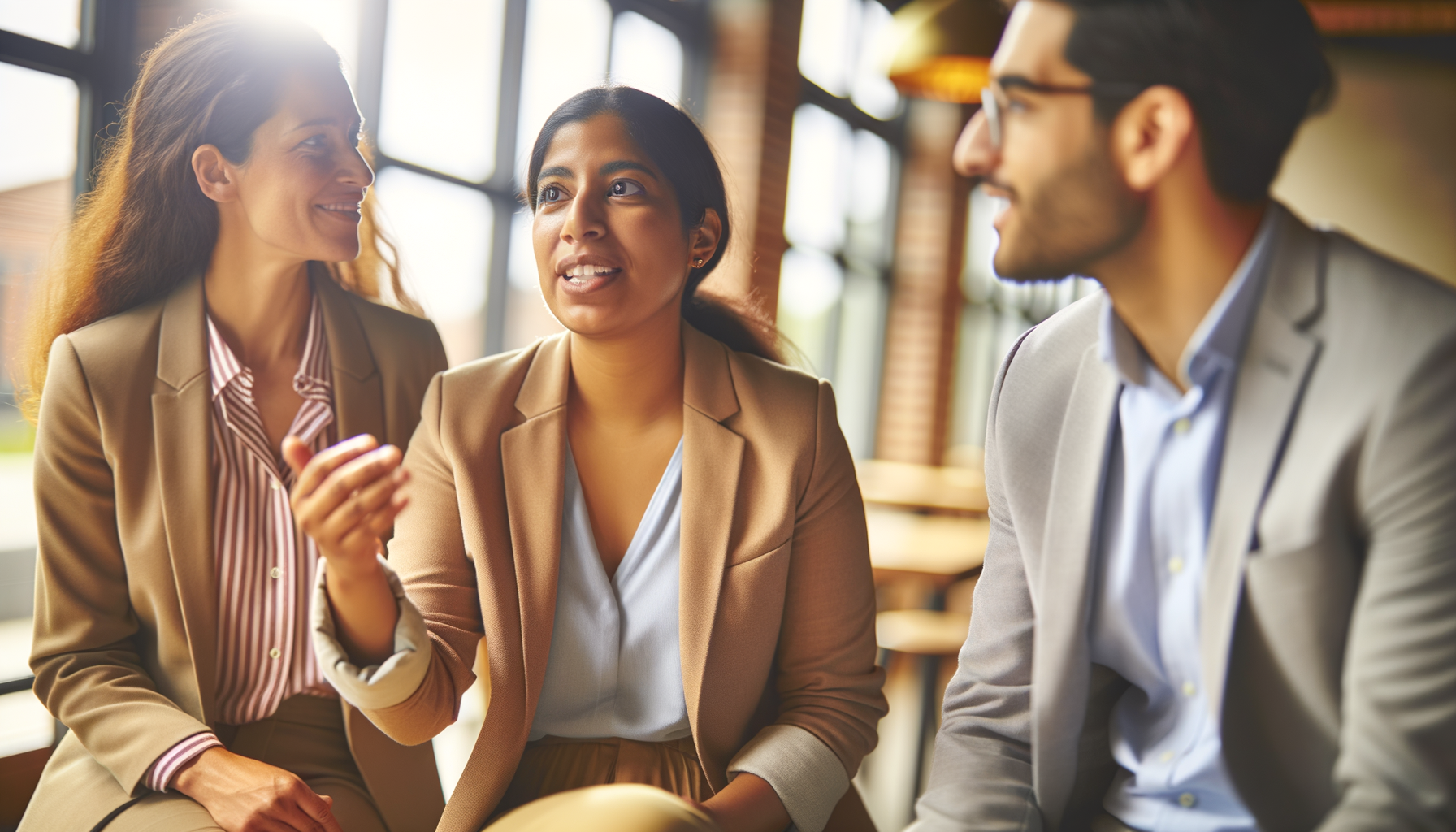 Three professionals having a trusted conversation about business recommendations in a coffee shop
