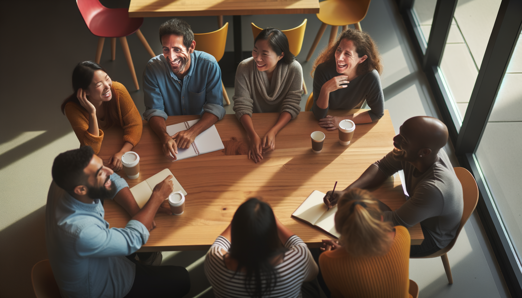 People connecting and sharing information in a coffee shop, illustrating how trust spreads through networks