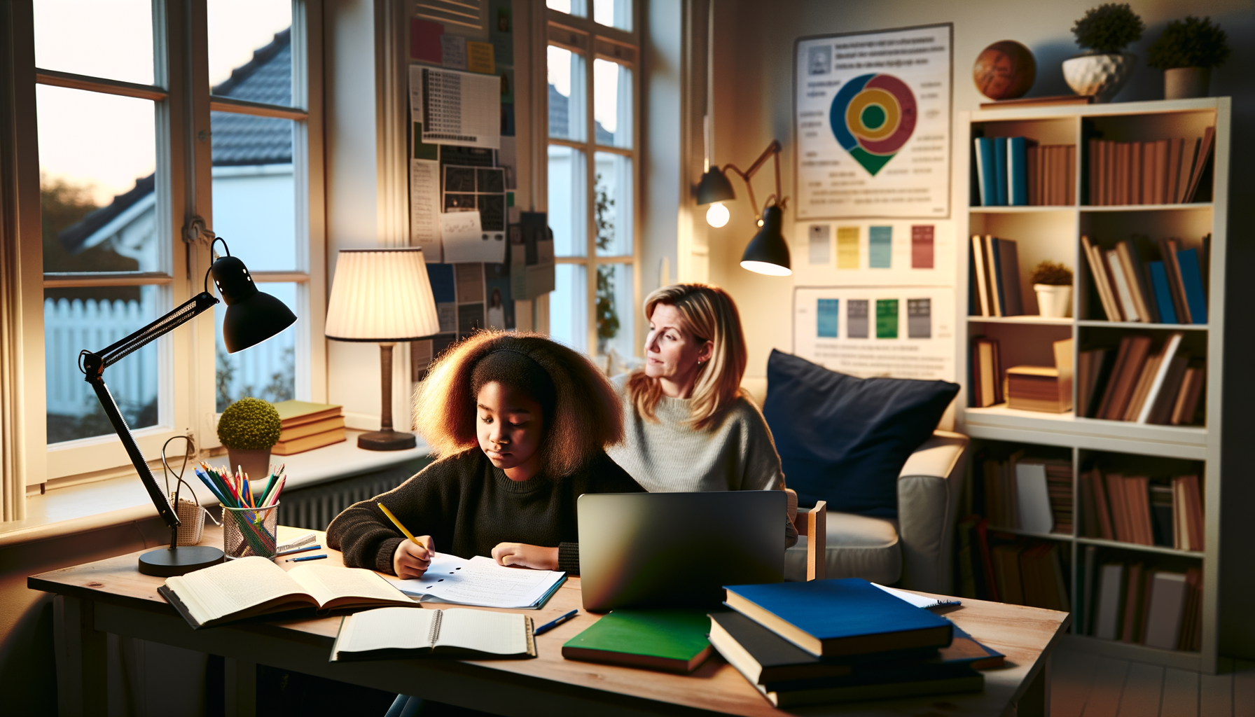 Parent and middle school student working together in a home study environment with educational materials