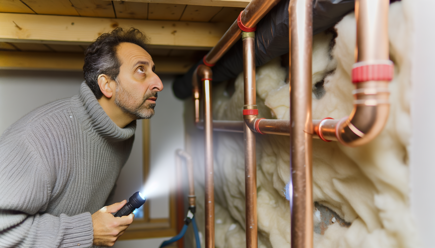 Homeowner inspecting basement plumbing pipes for winter weather damage prevention