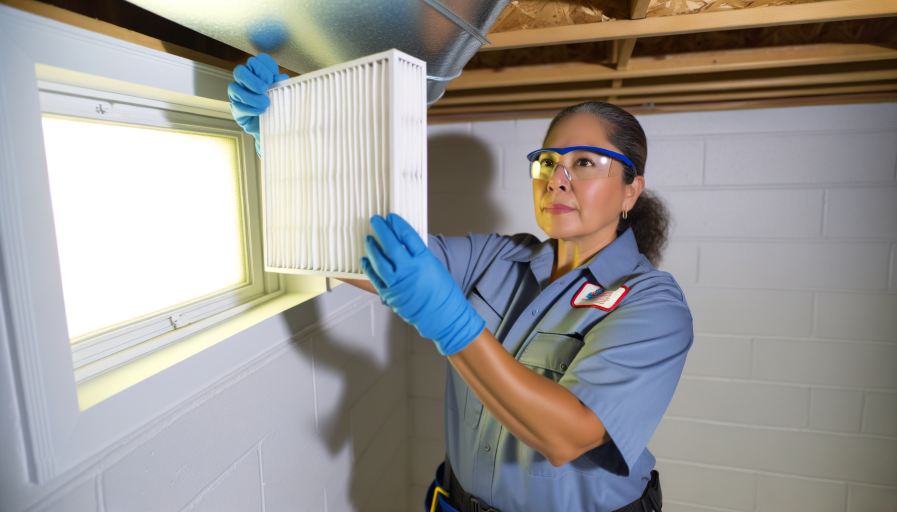 Professional HVAC technician installing a clean air filter in residential HVAC system