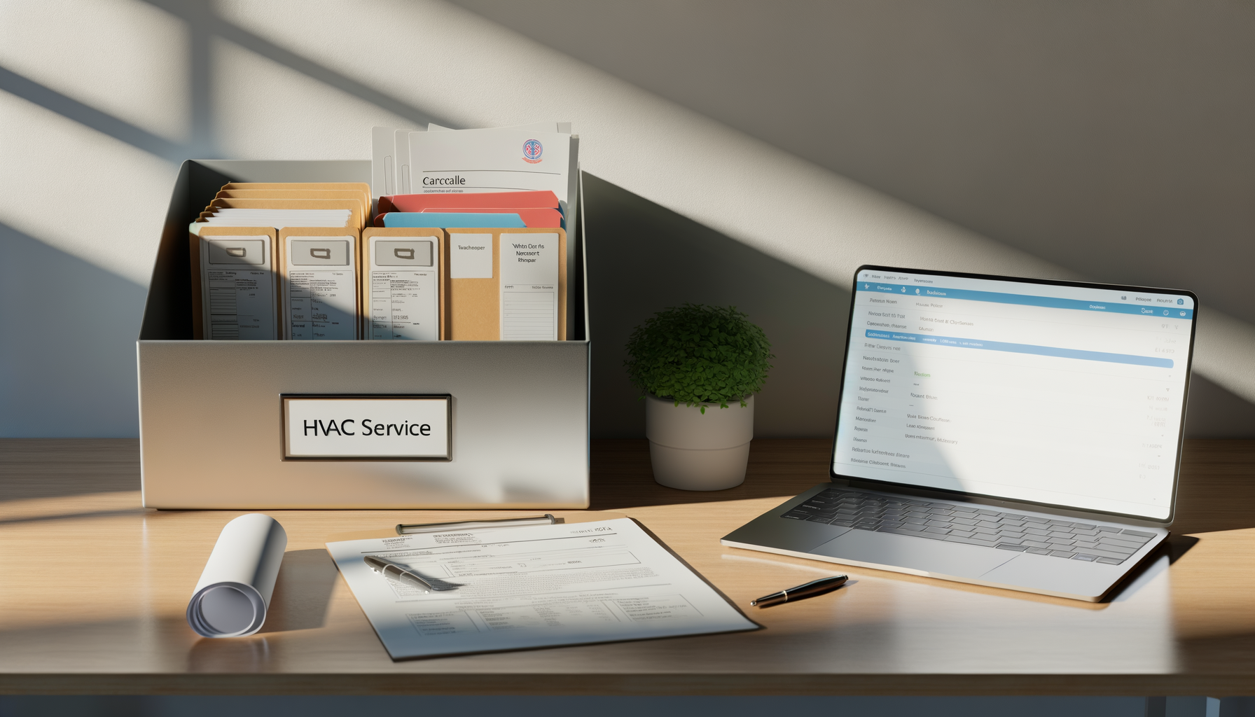 Organized HVAC service documents and digital filing system on a home office desk