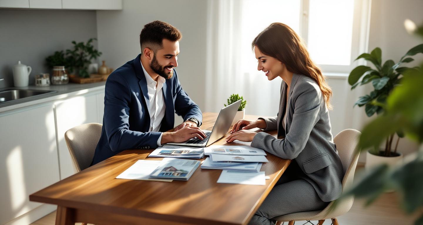 Couple reviewing mortgage documents and house listings at kitchen table