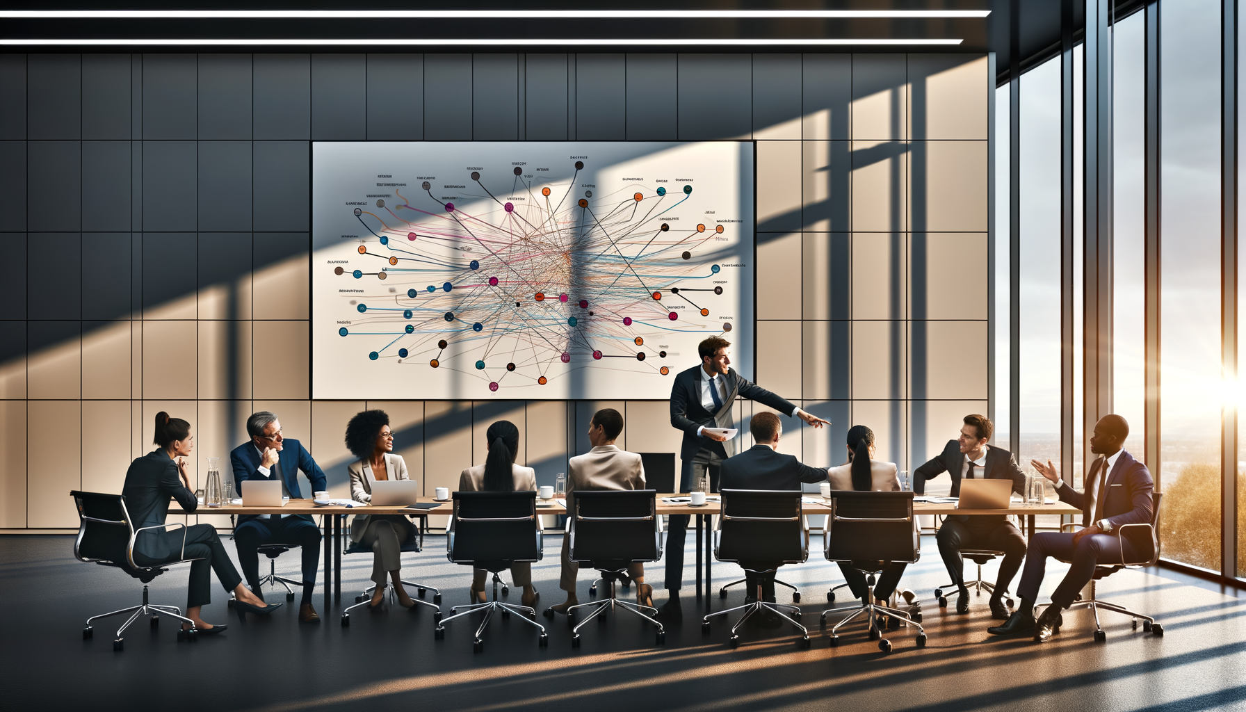Business professionals analyzing multi-layer network expansion strategy on wall diagram
