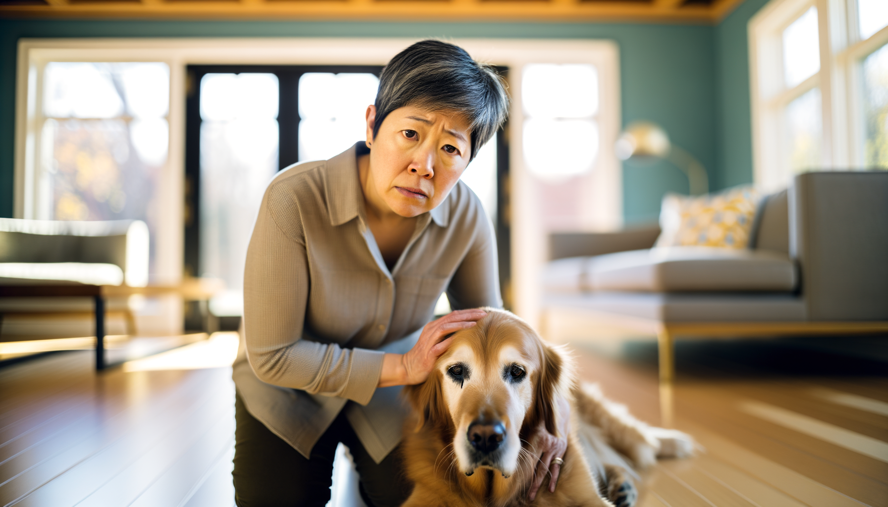 Woman checking on lethargic golden retriever lying on living room floor