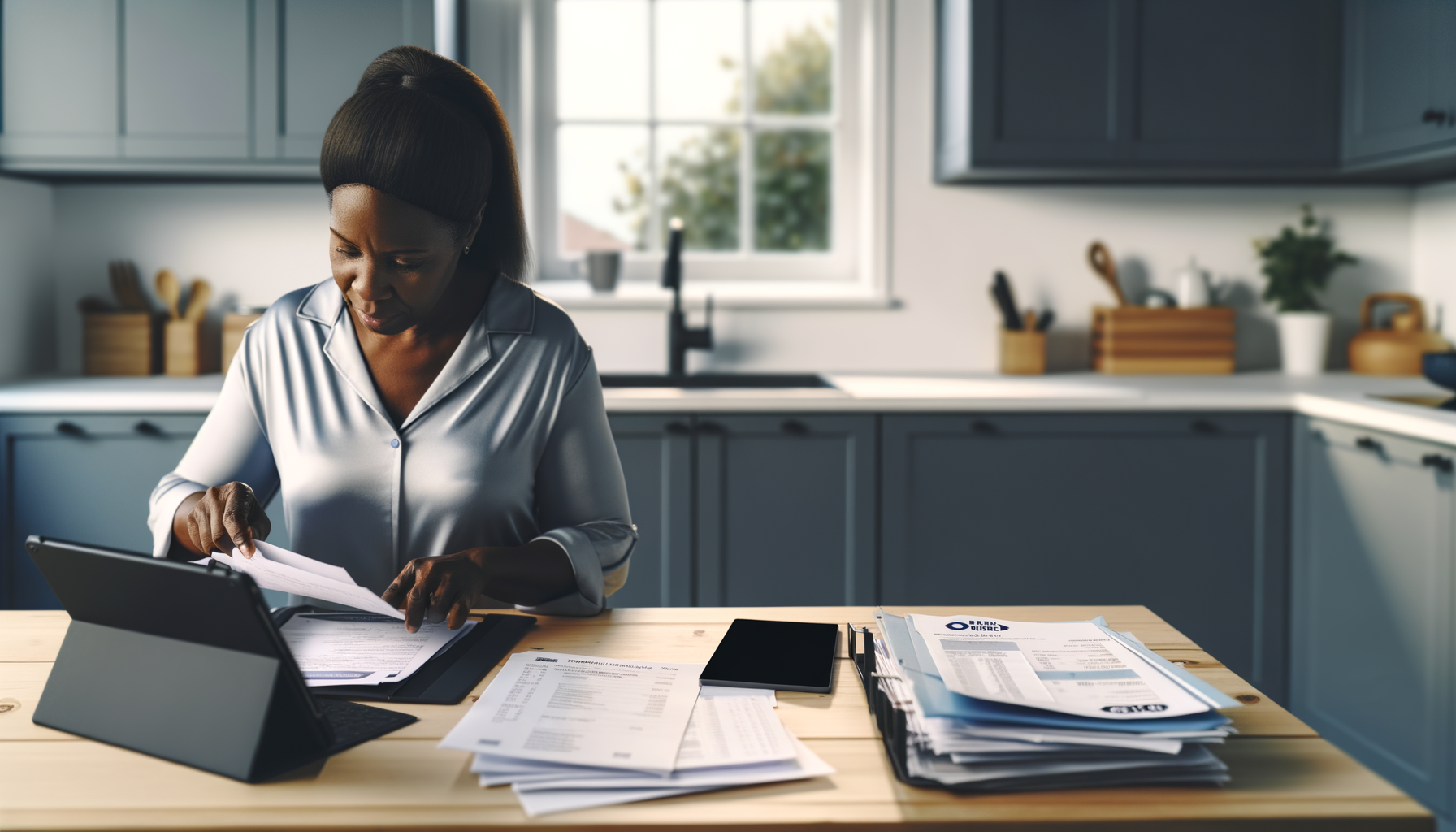 Homeowner organizing plumbing service records and warranties in file folders on kitchen table