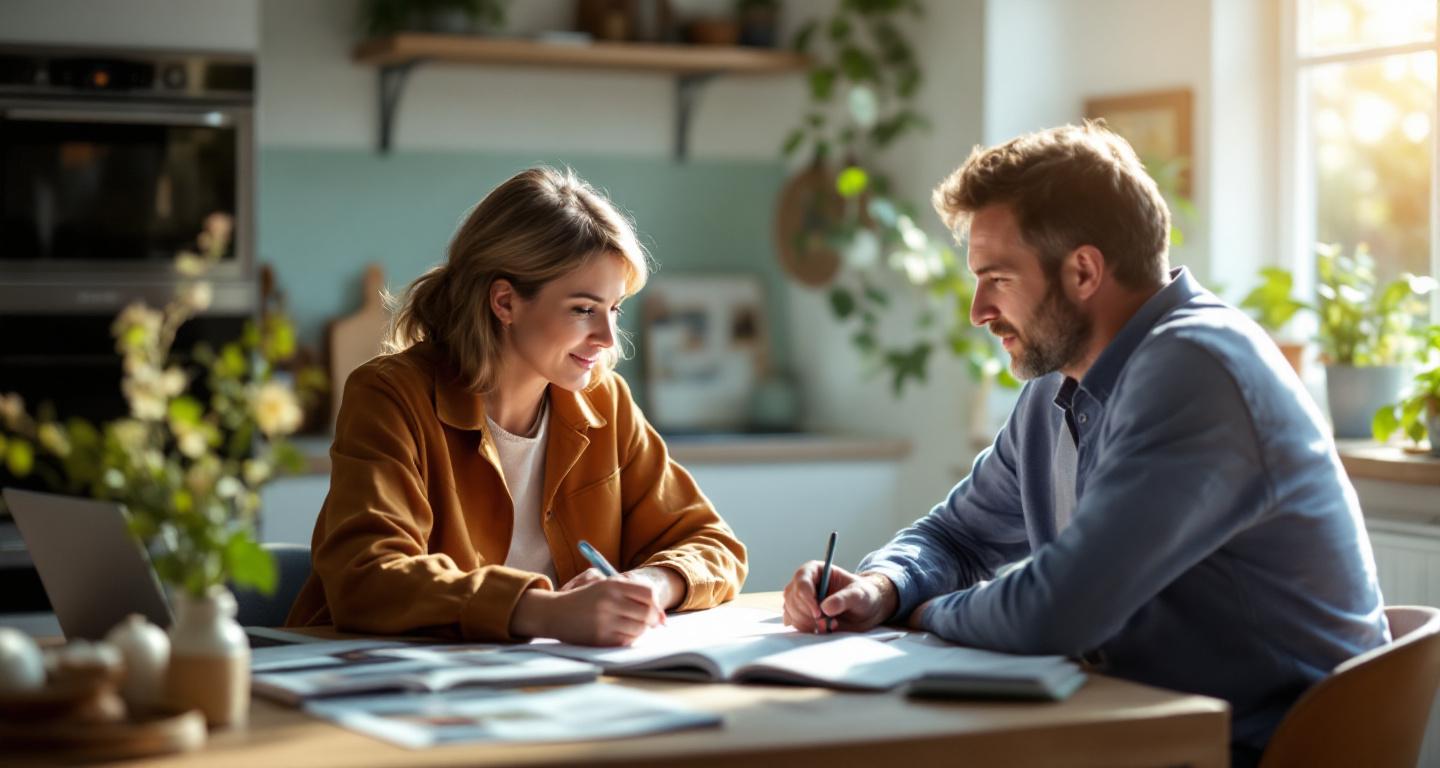 Homeowners planning kitchen renovation with laptops and design materials at kitchen table