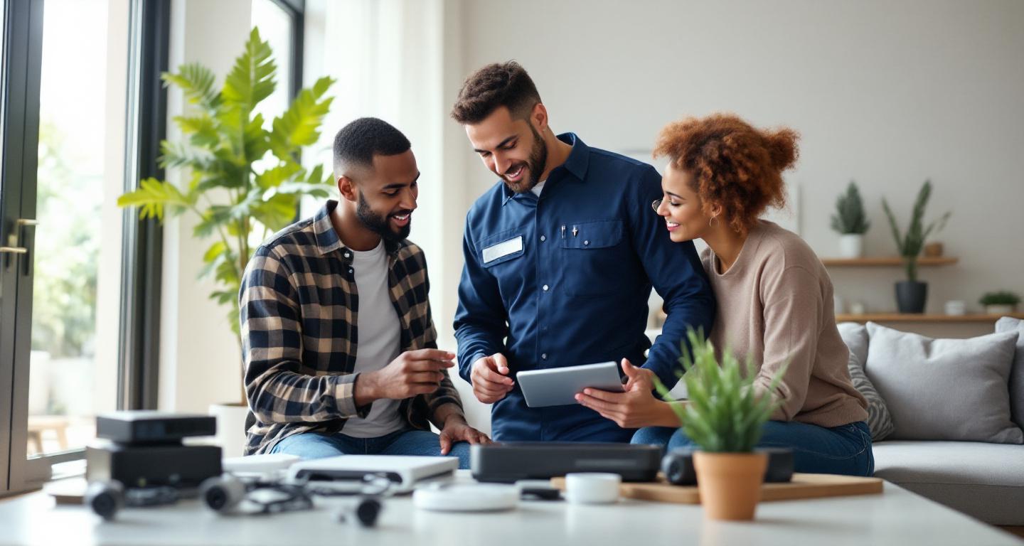 Security system installer consulting with homeowners about installation options