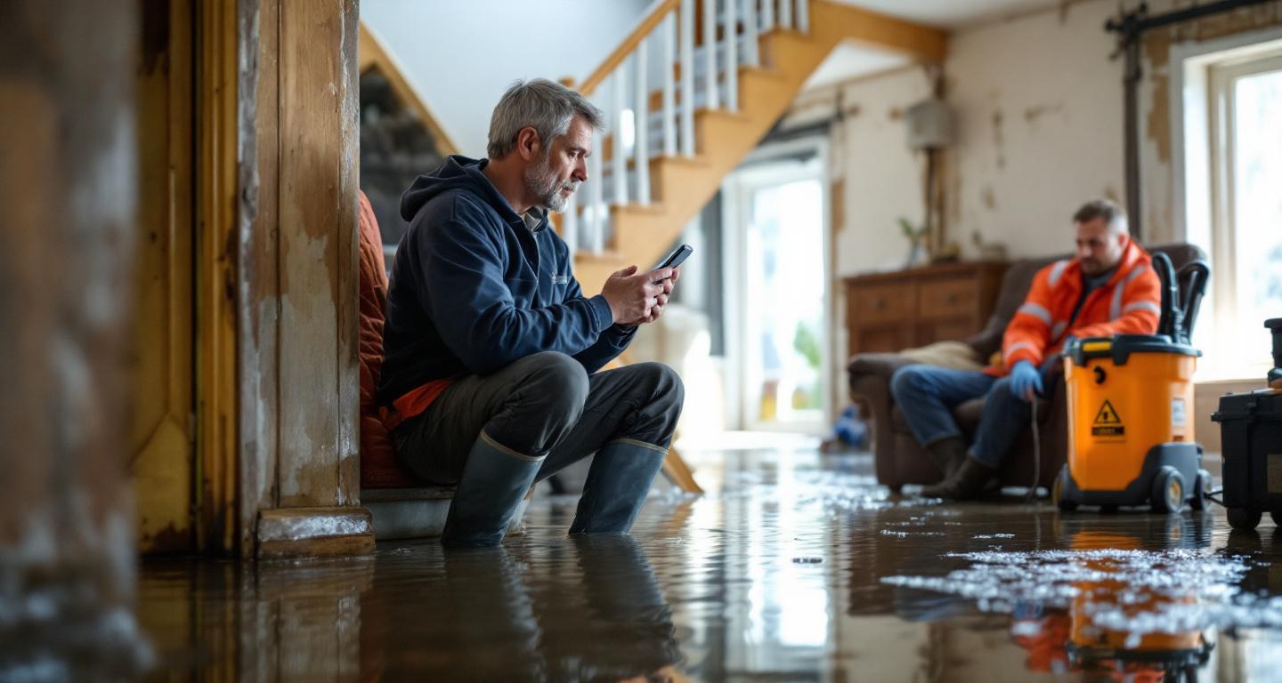 Homeowner documenting water damage in flooded basement before restoration service arrives