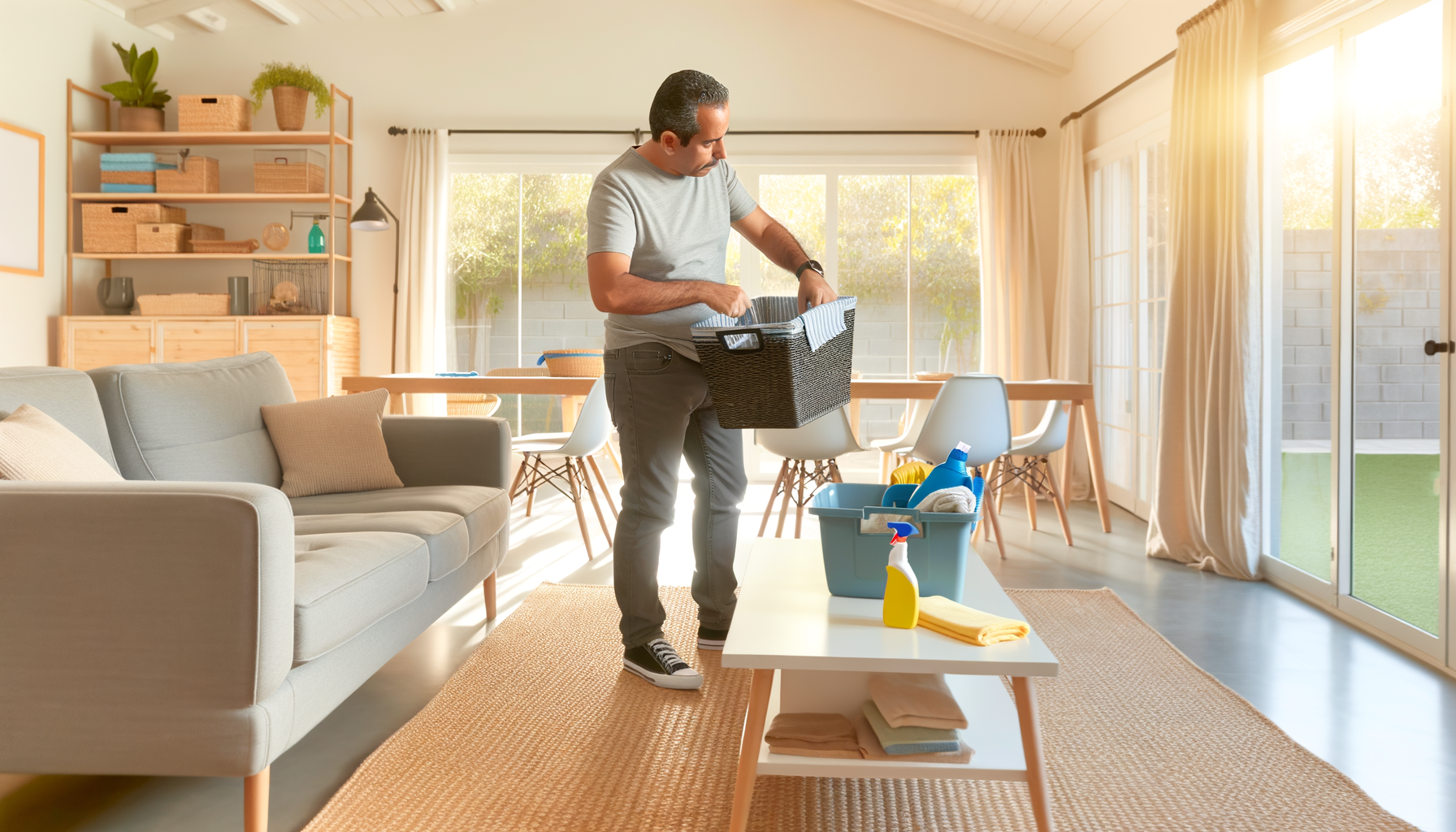 Homeowner preparing living room for professional cleaning service visit