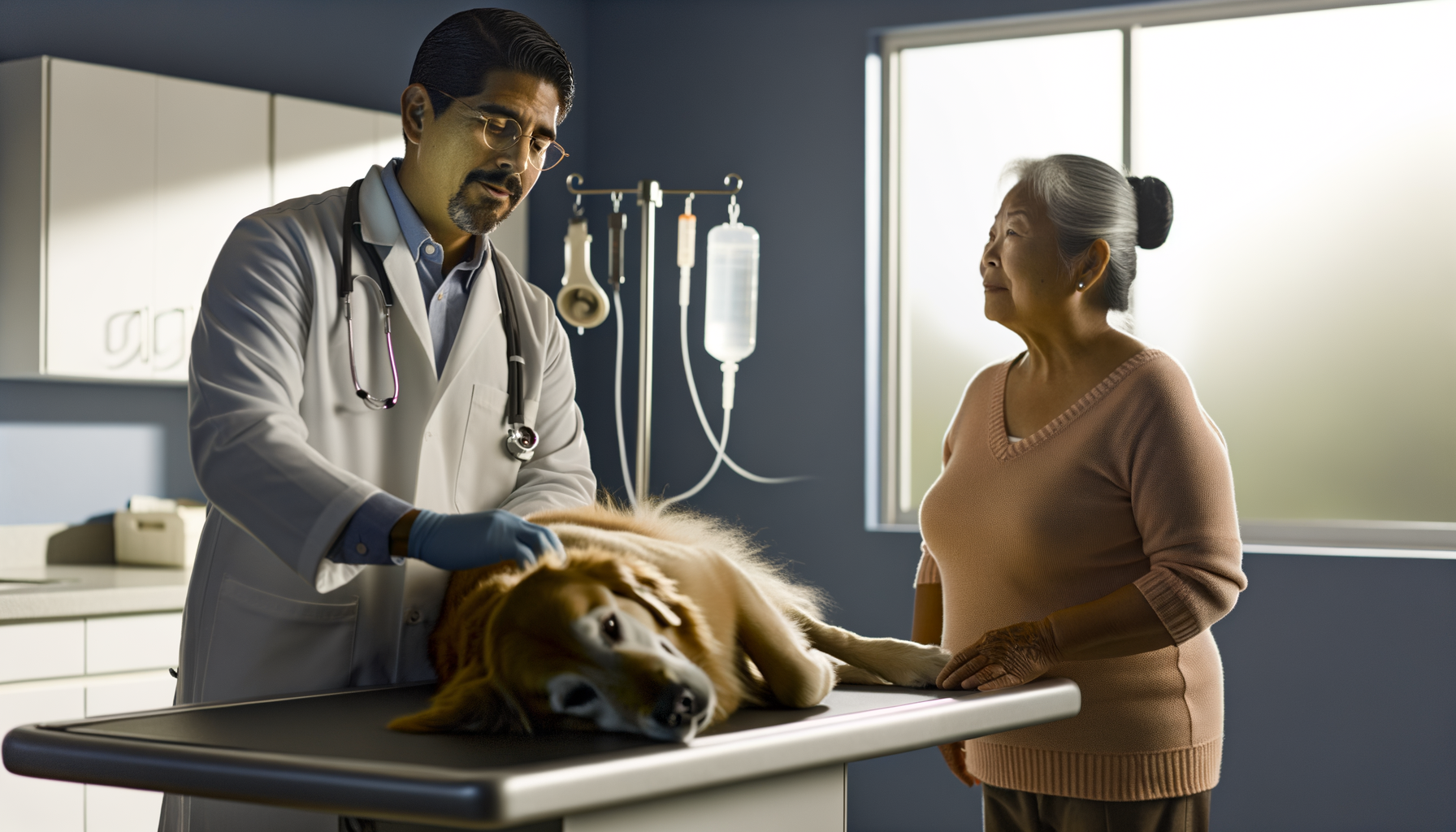 Veterinarian examining golden retriever during routine checkup while owner observes