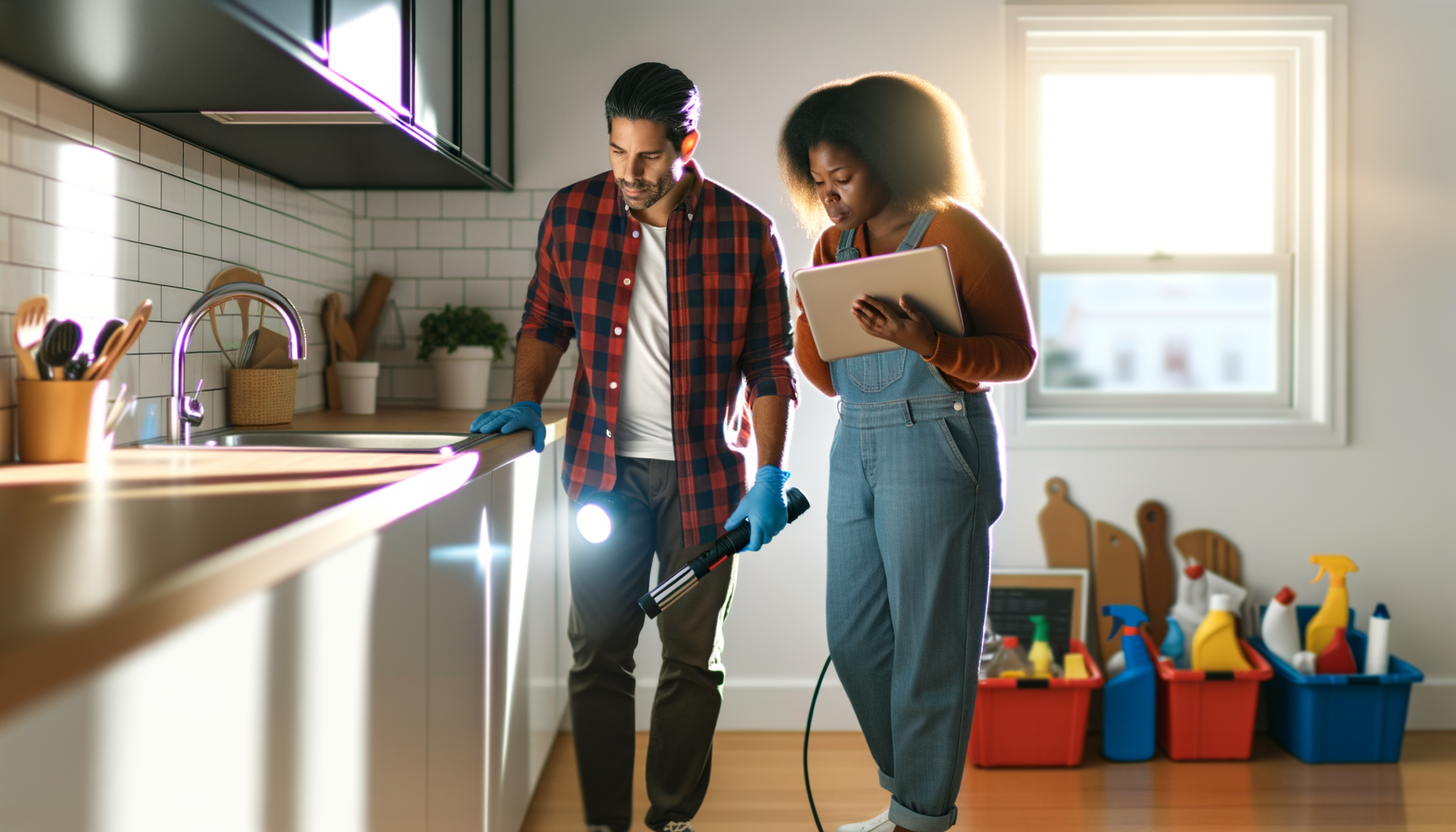 Couple performing routine home maintenance check in kitchen