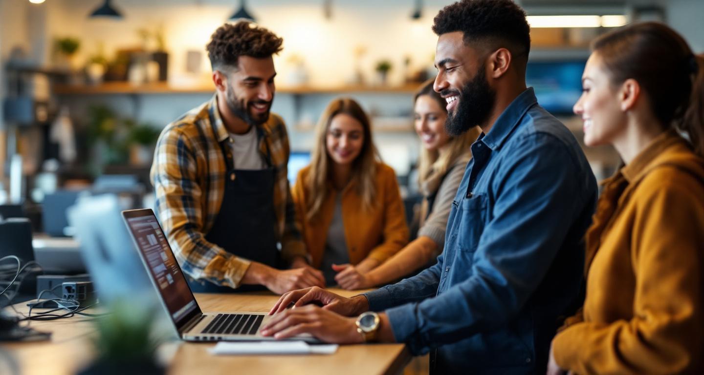 Customers consulting with computer repair technician in professional repair shop