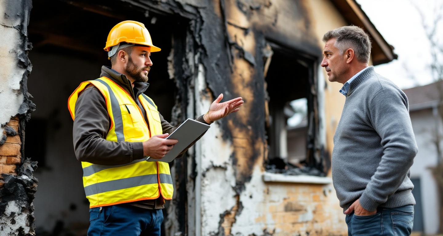 Fire damage restoration specialist consulting with homeowner about restoration services