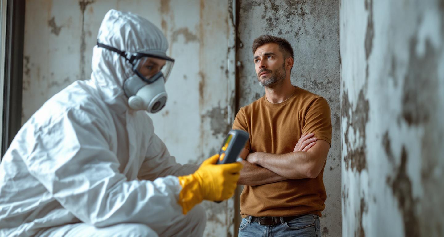 Mold remediation specialist inspecting water damage while consulting with homeowner