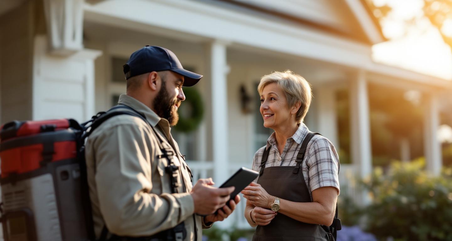 Pest control professional consulting with homeowner at front door
