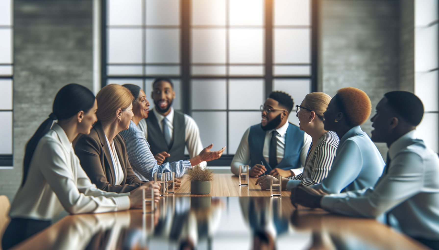 Business professionals engaged in authentic relationship-building conversation in modern conference room