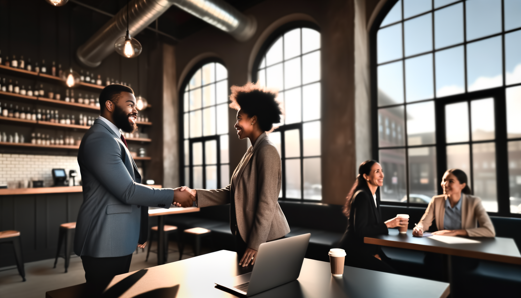 Two business professionals shaking hands during a business introduction in a coffee shop setting