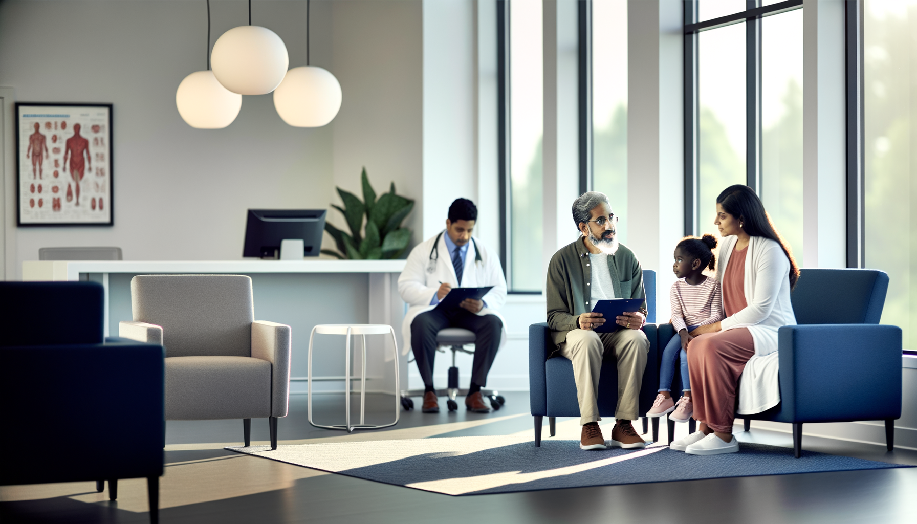 Family waiting for routine wellness check-up in modern medical office