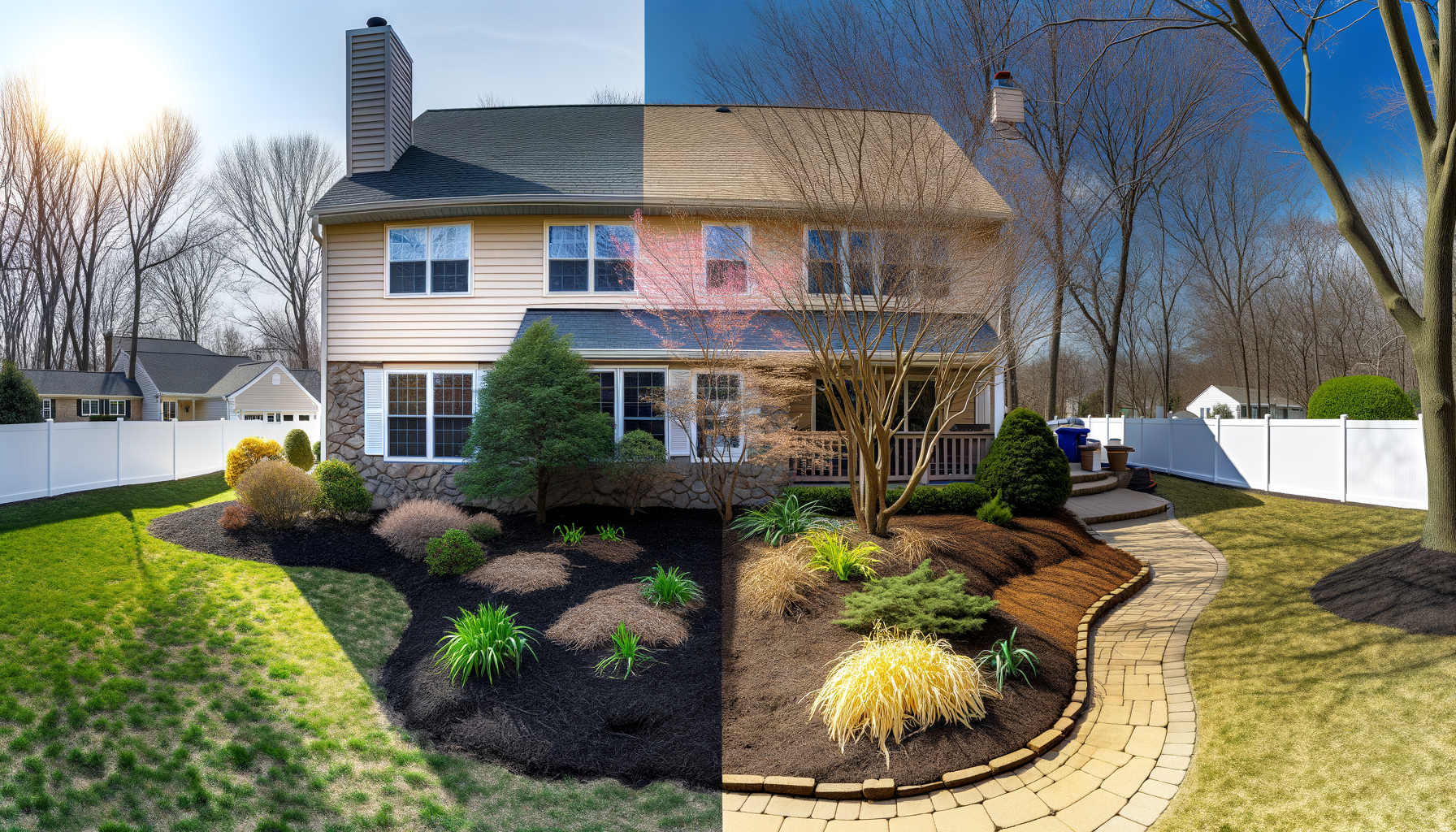 Home showing seasonal landscaping care with spring plantings on one side and winter preparation on the other