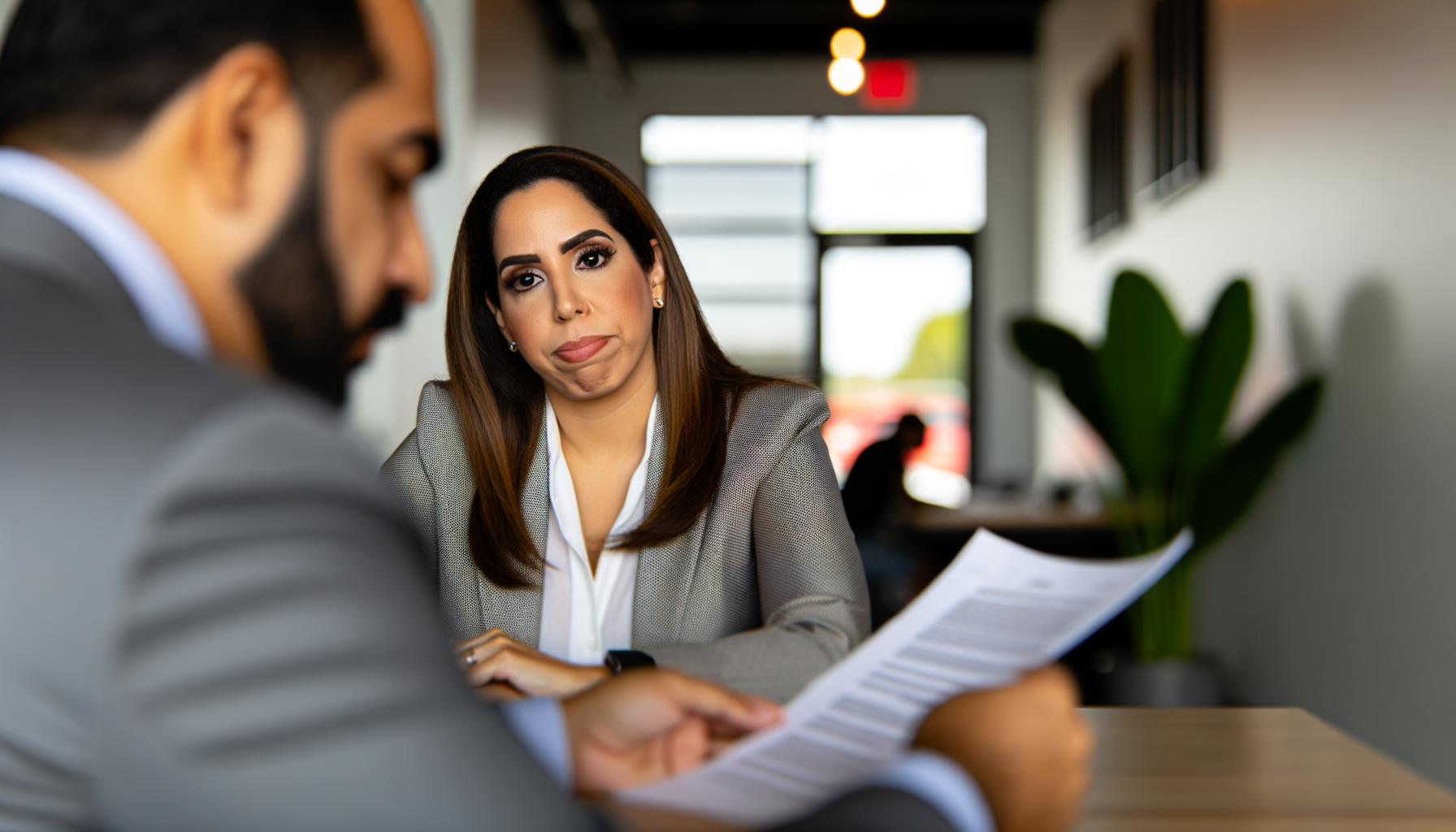 Service business owner meeting with an unhappy customer in a professional office setting