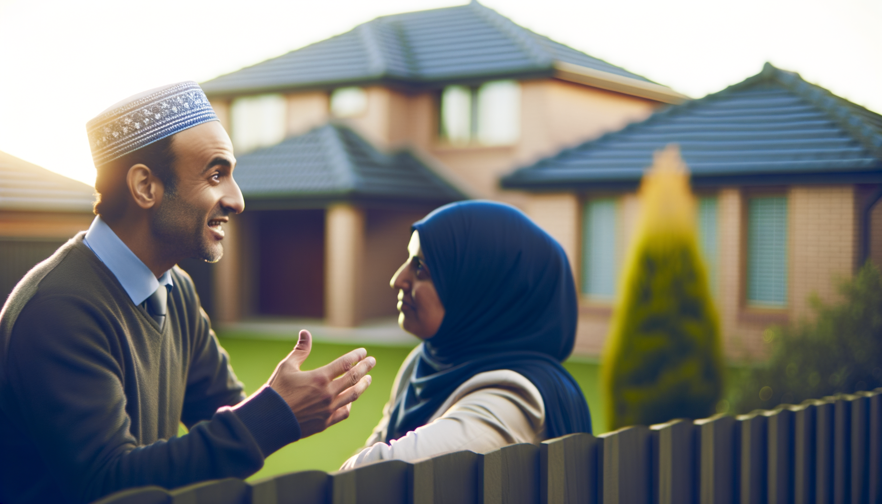 Two neighbors discussing home repair experiences over backyard fence
