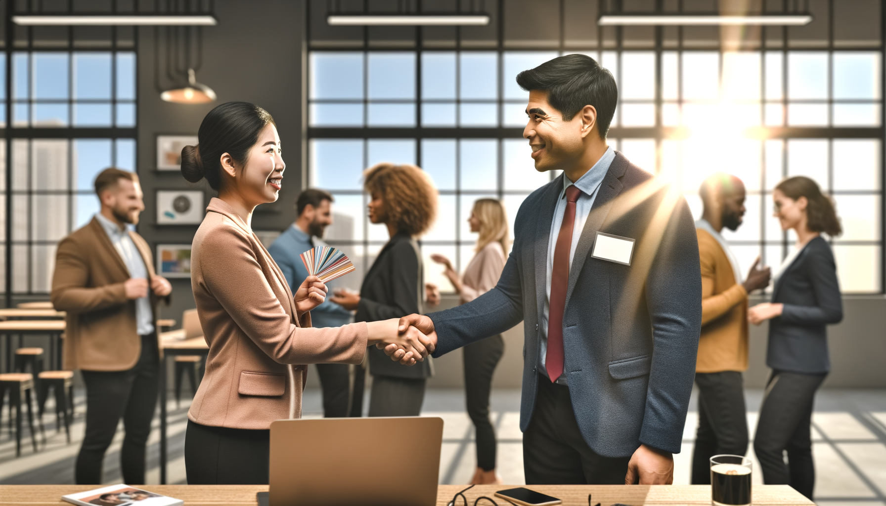 Small business owners networking and building trust-based relationships in a modern co-working environment