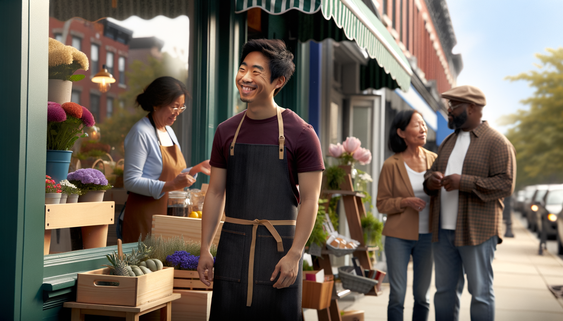 Small business owners connecting and collaborating on a busy local business street