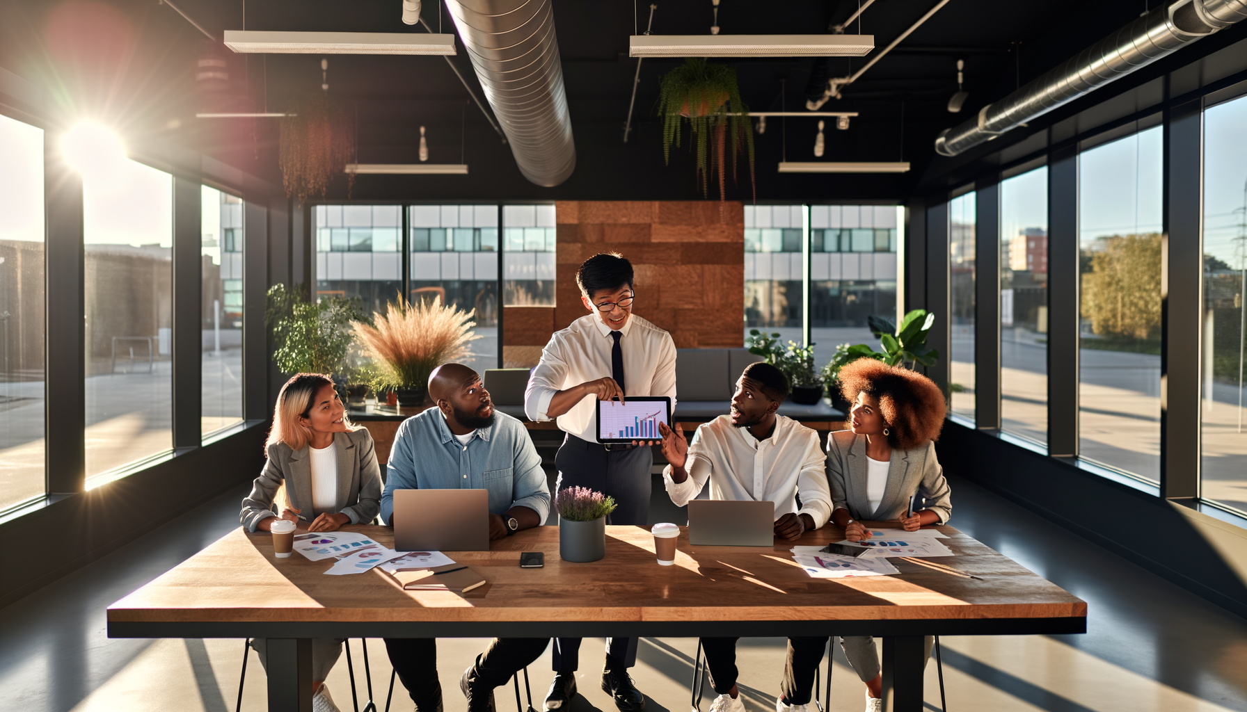 Small business owners collaborating on growth strategies in a modern workspace