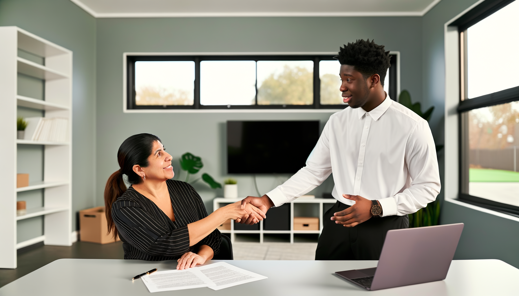 Two small business owners shaking hands over partnership agreement in modern office setting