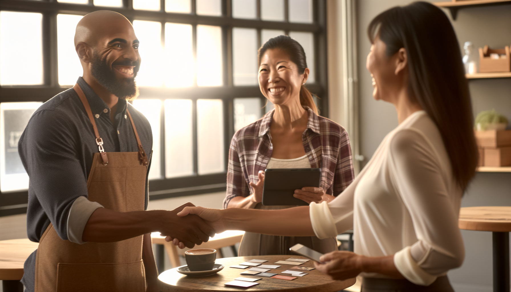 Small business owners networking naturally in a bright coworking space