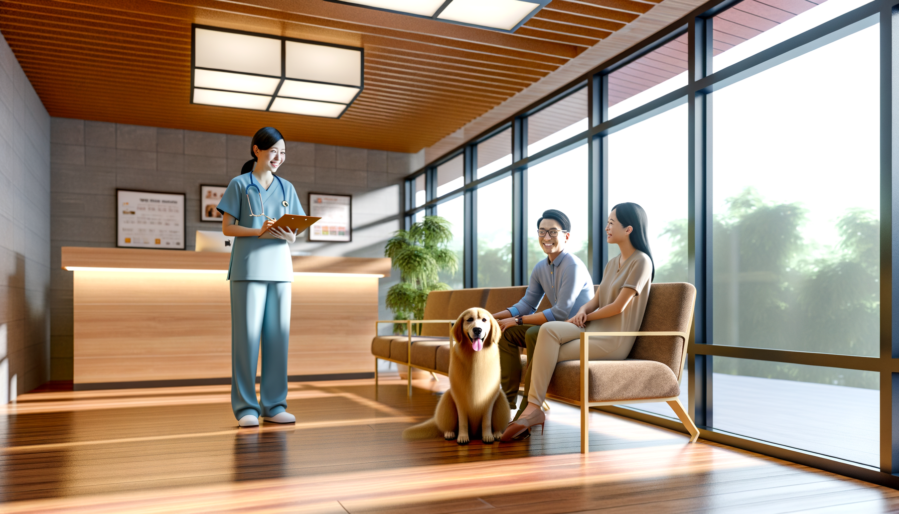 Family with golden retriever in bright, welcoming veterinary clinic waiting room with veterinary technician