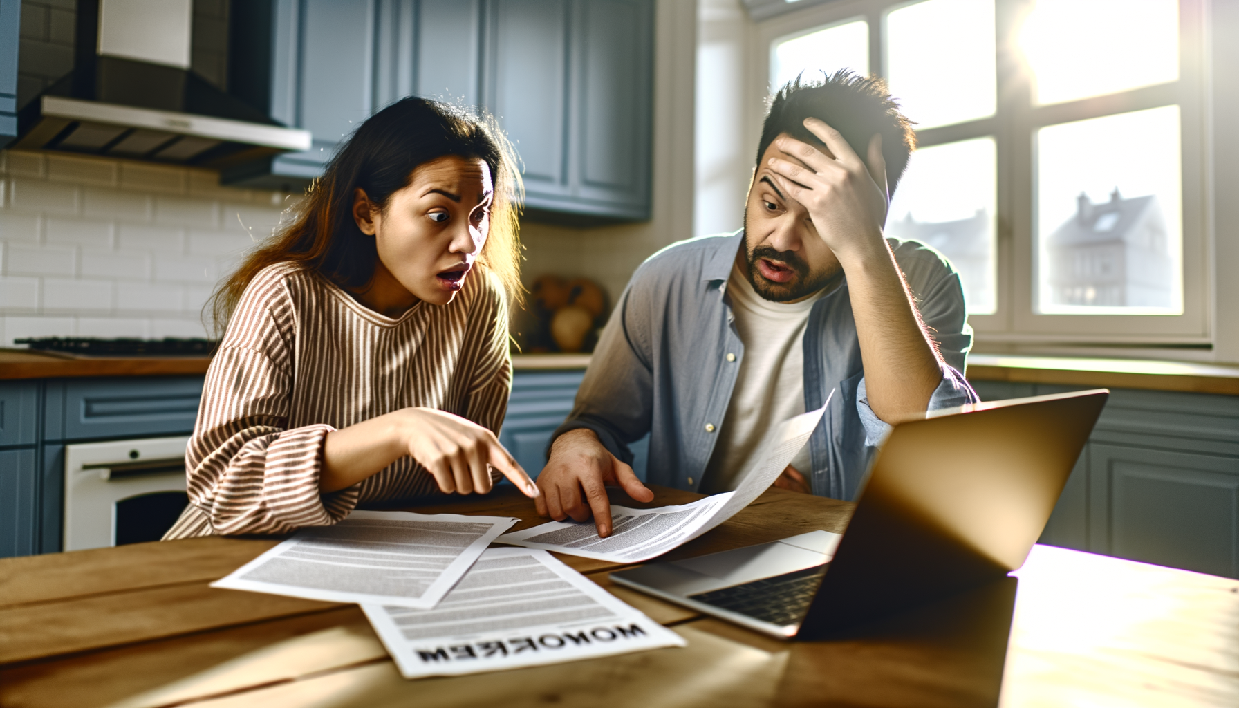 Young couple looking surprised while reviewing mortgage documents at kitchen table