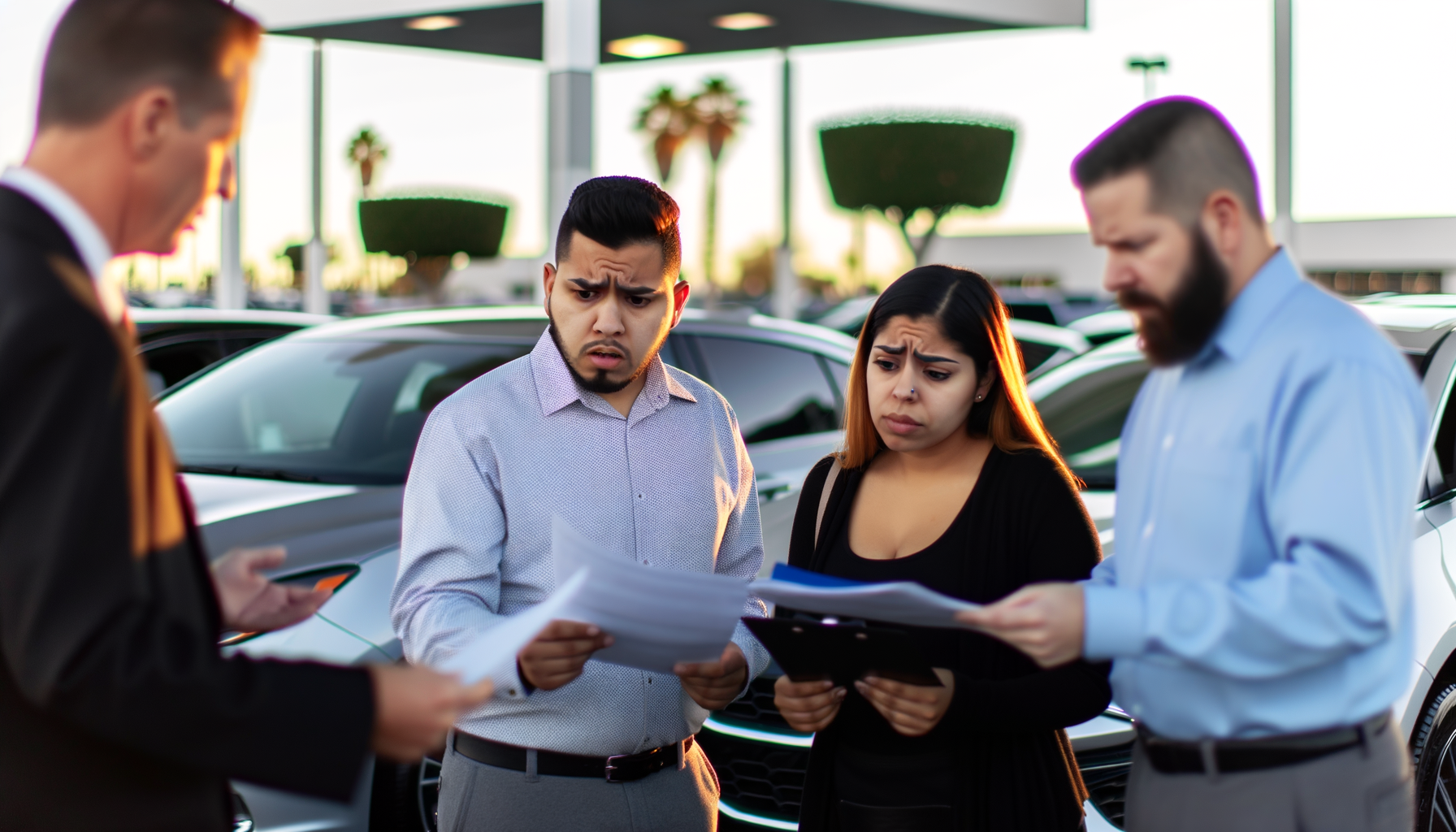 Couple reviewing car buying paperwork with salesperson at dealership, looking surprised by unexpected information